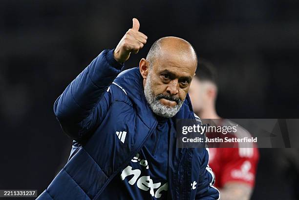 Nuno Espirito Santo, Manager of Nottingham Forest, gives a thumbs up to the fans after the team's victory in the Premier League match between...