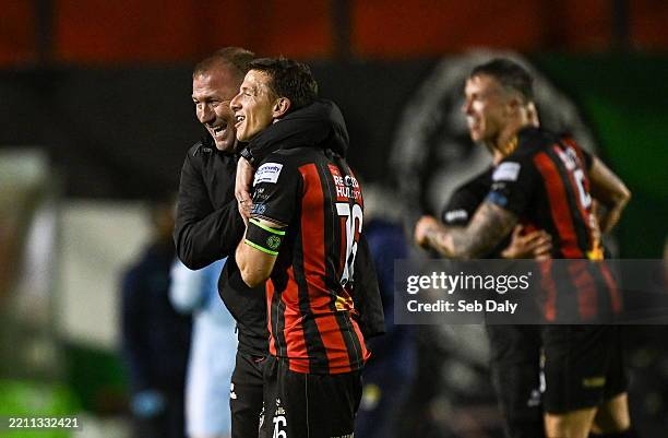 Dublin , Ireland - 25 April 2025; Bohemians manager Alan Reynolds, left, and Keith Buckley celebrate after their side's victory in the SSE Airtricity...