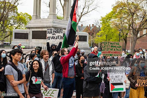 Demonstrators gather on Cambridge Common to protest Harvard's stance on the war in Gaza and show support for the Palestinian people, outside Harvard...