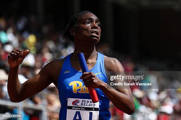 Endeyah Lane of Pittsburgh Panthers looks on after competing in the College Women's 4x200 during the Penn Relays at Franklin Field at the University...