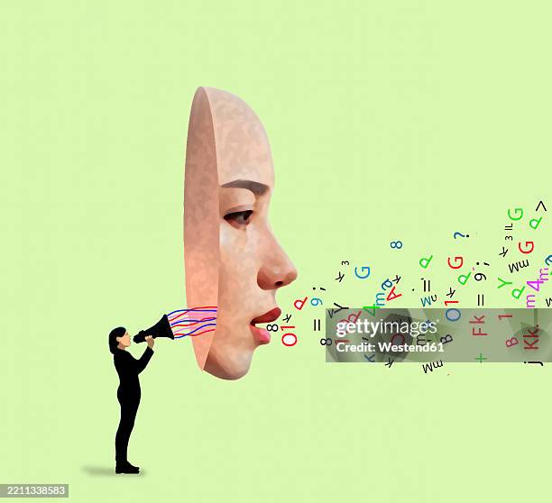 conceptual illustration of a person using a megaphone to project letters and numbers through a mask - fake news stock illustrations