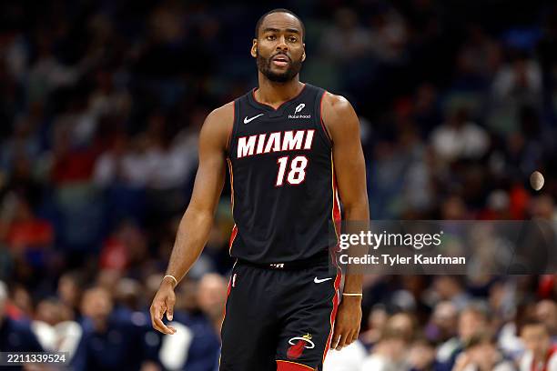 Alec Burks of the Miami Heat walks backcourt during the first half of a game against the New Orleans Pelicans at Smoothie King Center on April 11,...