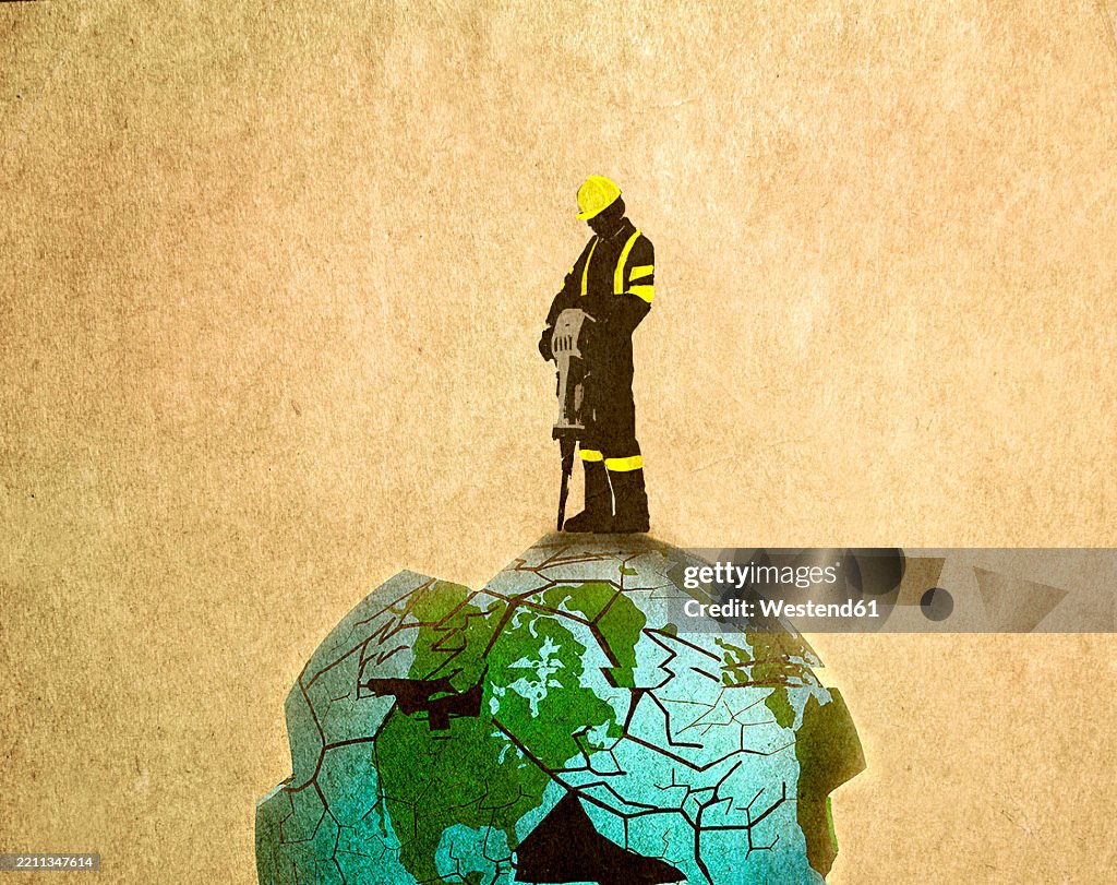 Illustration of a construction worker with a jackhammer on a cracked Earth symbolizing environmental impact