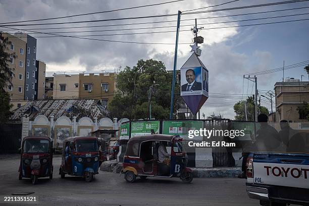 Billboard showing Somali President Hassan Sheikh Mohamud is seen in central Mogadishu, on April 25, 2025 in Mogadishu, Somalia. There are concerns of...