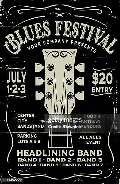 illustrazioni stock, clip art, cartoni animati e icone di tendenza di modello di design tipografico per poster vintage retrò in stile country blues festival con paletta per chitarra e molte trame - blues