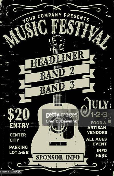 ilustraciones, imágenes clip art, dibujos animados e iconos de stock de plantilla de diseño de tipografía de póster vintage retro estilo festival de música country con guitarra acústica y muchas texturas - blues