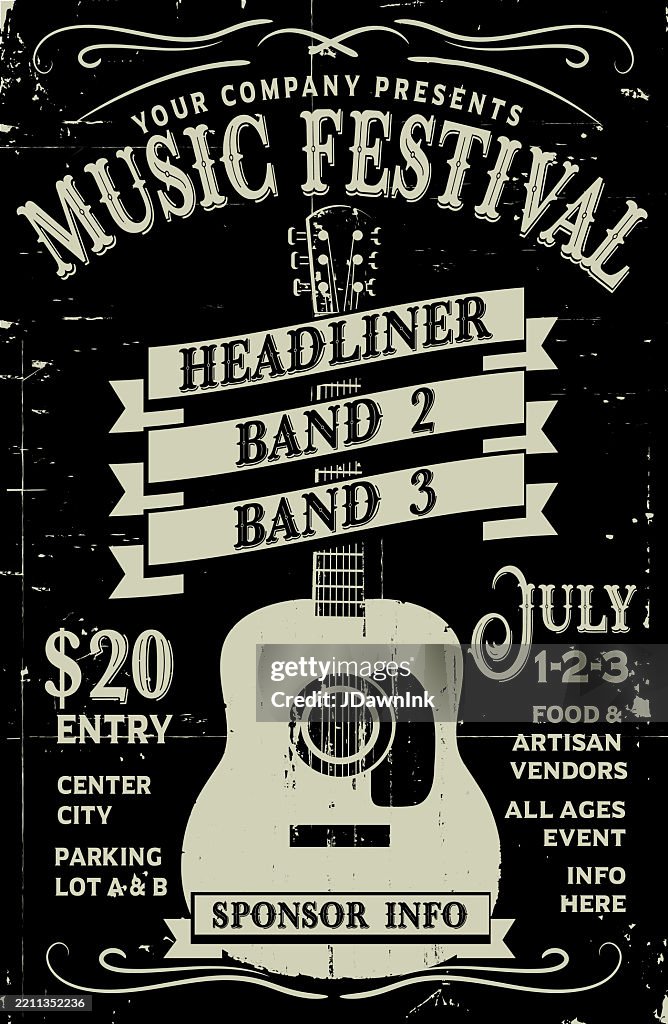 Country Music Festival style retro vintage poster typography design template with acoustic guitar and lot's of textures