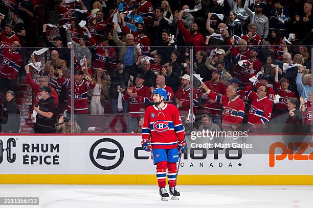 Alexandre Carrier of the Montreal Canadiens celebrates after scoring a goal during the first period of the Game Three of the First Round of the 2025...