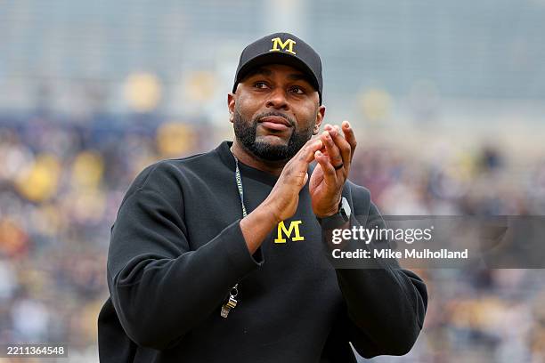 Head coach Sherrone Moore of the Michigan Wolverines looks on during the first half of the Maize vs Blue spring football game at Michigan Stadium on...