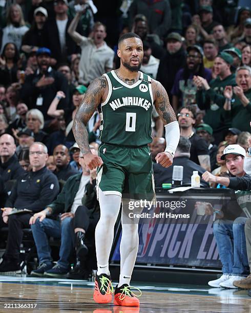 Damian Lillard of the Milwaukee Bucks celebrates during the game against the Indiana Pacers during Round 1 Game 3 of the 2025 NBA Playoffs on April...