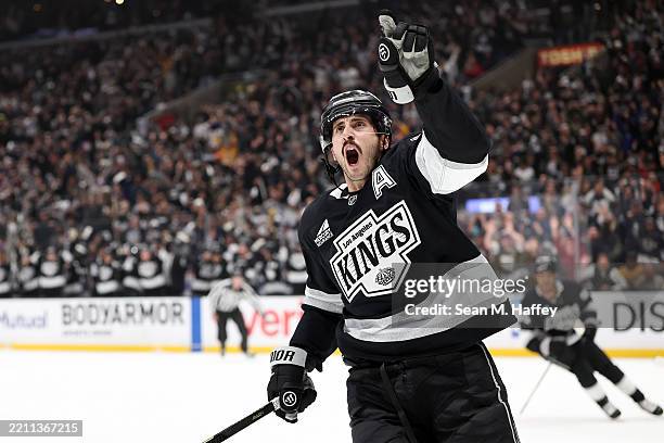Phillip Danault of the Los Angeles Kings celebrates after scoring a goal against the Edmonton Oilers during the second period in Game One of the...