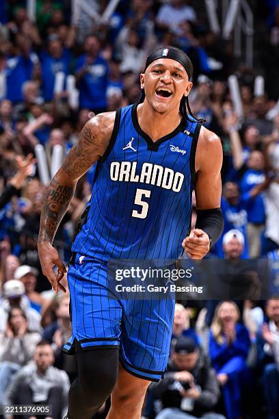 Paolo Banchero of the Orlando Magic smiles during the game against the Boston Celtics during Round 1 Game 3 of the 2025 NBA Playoffs on April 25,...