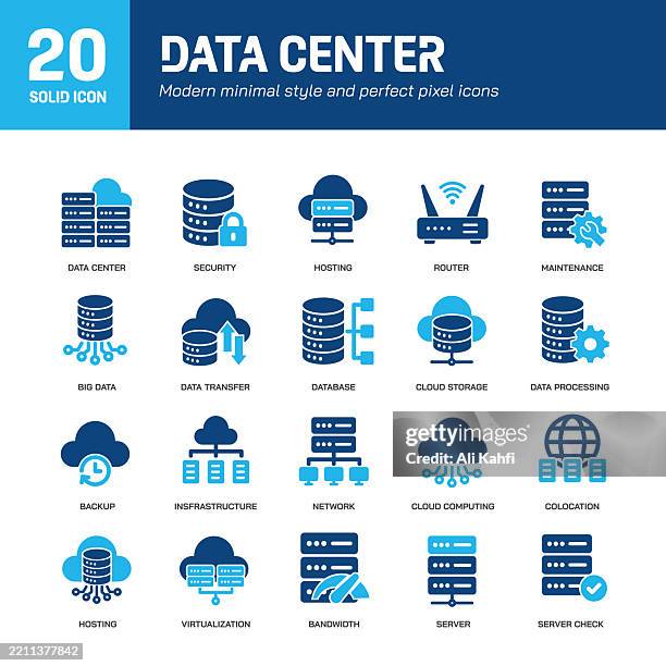 data center glyph solid icons. containing server, hosting, cloud computing solid icons collection. vector illustration. perfect pixel on clean white background - database symbol stock illustrations