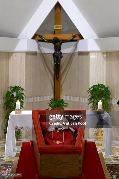 The body of Pope Francis lies in state at the chapel of Casa Santa Marta during the Rite of Certification of Death presided by Cardinal Kevin Farrell...