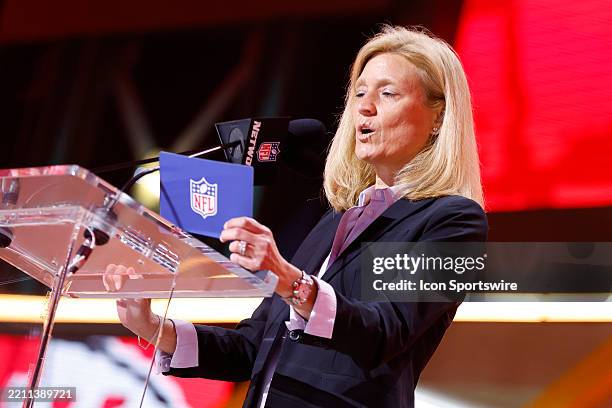 Chief Football Administrative Officer Dawn Aponte announces a draft pick during the second and third rounds of the 2025 NFL Draft on April 25 at...