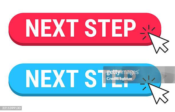 next step - red and blue buttons with cursor on white background - 3d steps icon stock illustrations