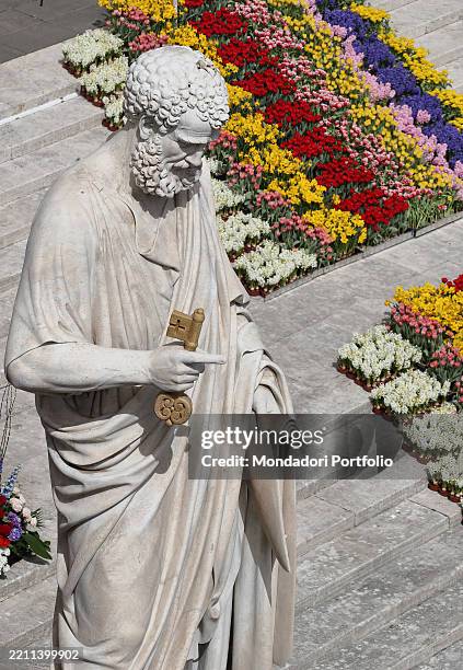 In the foreground, the statue of St. Peter with a display of flowers behind him in St. Peter's Square during the celebration of the Holy Mass on...