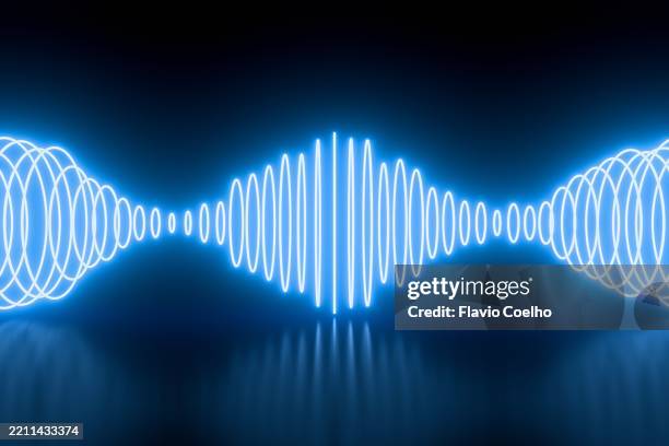 neon-blue sound wave against a dark background - onde sinusoïdale photos et images de collection