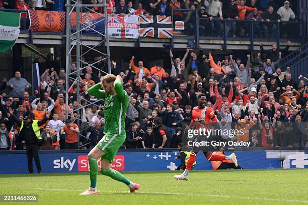 Luton Town's Shandon Baptiste celebrates scoring the first goal of the game during the Sky Bet Championship match between Luton Town FC and Coventry...
