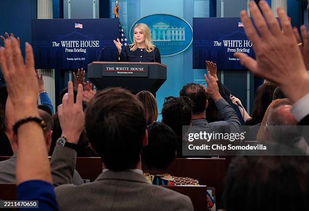 White House Press Secretary Karoline Leavitt takes questions from reporters during a news conference in the Brady Press Briefing Room at the White...