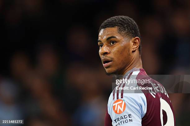 Marcus Rashford of Aston Villa looks on during the Premier League match between Manchester City FC and Aston Villa FC at Etihad Stadium on April 22,...