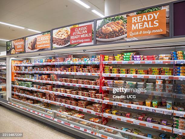 Ready meals inside Sainsbury's supermarket, UK.