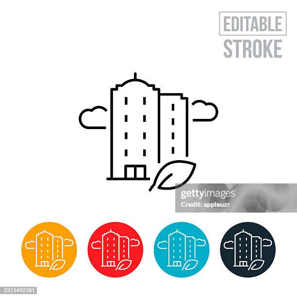 sustainable office building thin line icon - editable stroke - green building stock illustrations