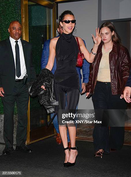 Bella Hadid is seen arriving at Gigi Hadid's Birthday Party on April 25, 2025 in New York City.