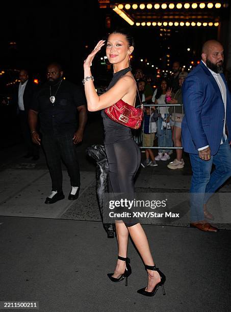 Bella Hadid is seen arriving at Gigi Hadid's Birthday Party on April 25, 2025 in New York City.