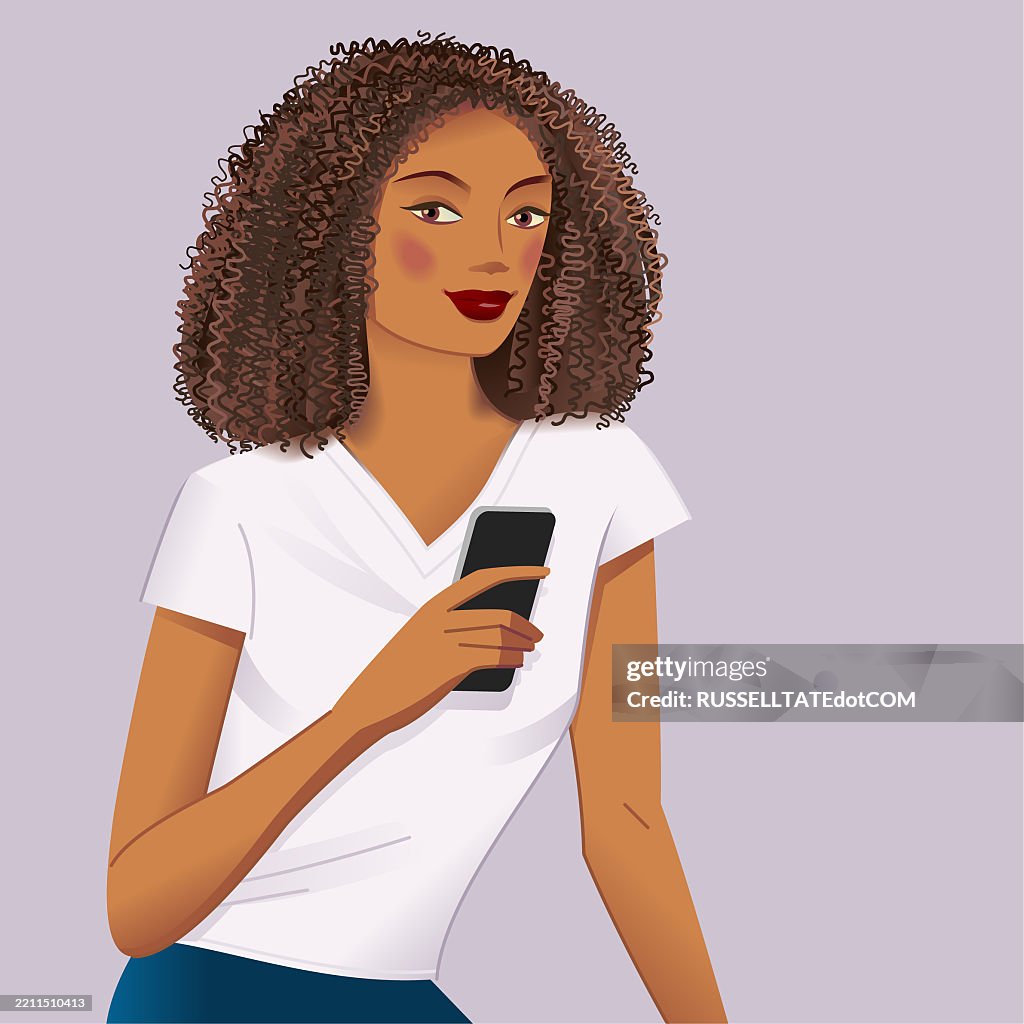 Standing black woman holding phone with a thoughtful or pensive expression