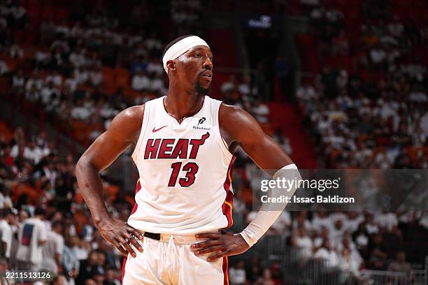 Bam Adebayo of the Miami Heat looks on during the game against the Cleveland Cavaliers during Round 1 Game 3 of the 2025 NBA Playoffs on April 26,...