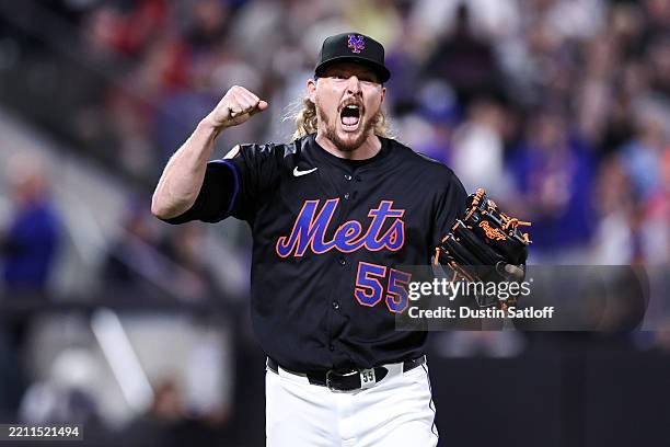 Ryne Stanek of the New York Mets reacts after a double play during the eighth inning of the game against the Philadelphia Phillies at Citi Field on...