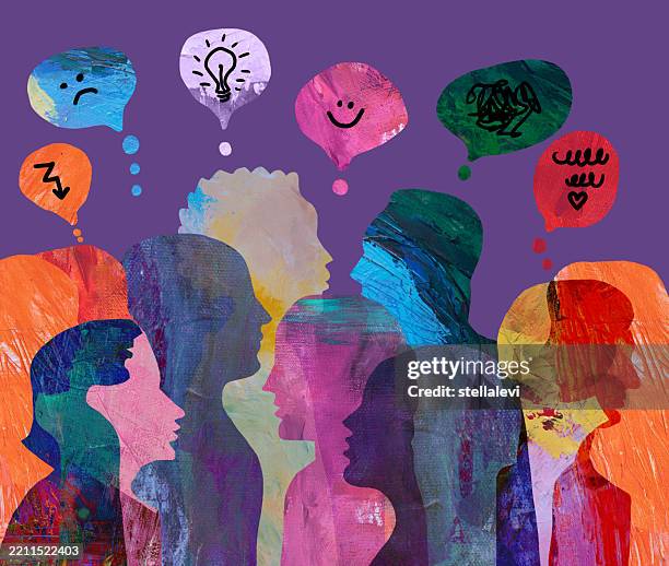group of diverse people with thoughts. - person with thought bubble stock illustrations