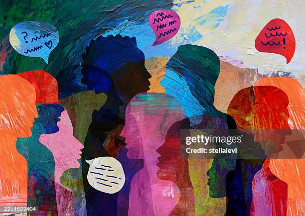 ilustrações de stock, clip art, desenhos animados e ícones de group of diverse people with talking - pintura em tinta acrílica
