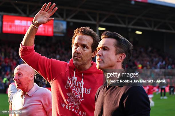 Rob McElhenney and Ryan Reynolds co-owners of Wrexham ahead od the Sky Bet League One match between Wrexham AFC and Charlton Athletic FC at...