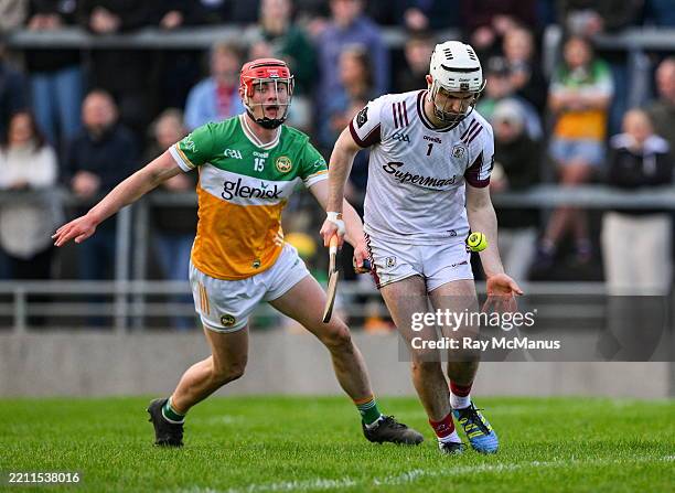 Offaly , Ireland - 26 April 2025; Galway goalkeeper Darach Fahy clears under pressure from Charlie Mitchell of Offaly during the Leinster GAA Hurling...