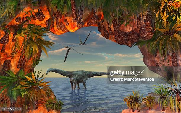 stockillustraties, clipart, cartoons en iconen met a diplodocus and pterodactyls seen through a natural opening - diplodocus