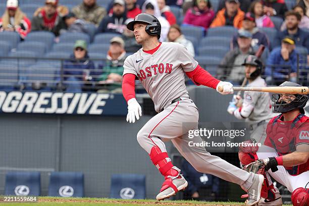 Boston Red Sox third baseman Alex Bregman doubles during the third inning of game 1 of the Major League Baseball doubleheader between the Boston Red...
