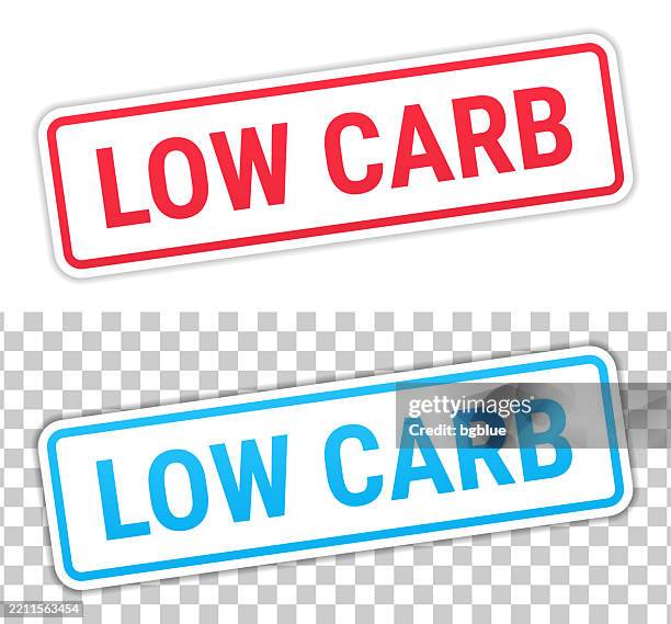 low carb - red and blue labels on blank background - carbohydrate food type stock illustrations