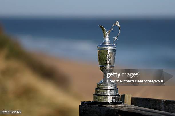 The Claret Jug sits on the 6th tee over looking the dunes during media day for the The 153rd Open Championship at Royal Portrush Golf Club on April...