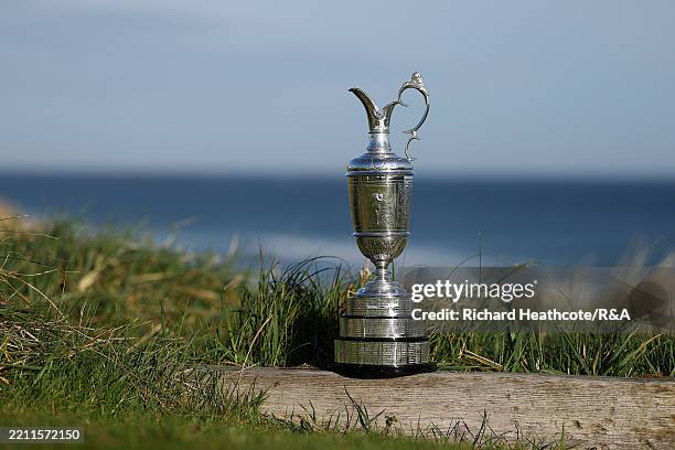 The Claret Jug sits on the 6th tee over looking the dunes during media day for the The 153rd Open Championship at Royal Portrush Golf Club on April...