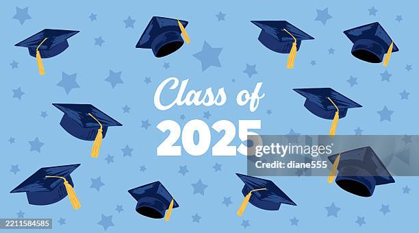 illustrations, cliparts, dessins animés et icônes de casquette graduation 2025 sur une base bleue - toque de diplômé