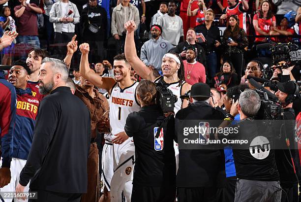 Denver Nuggets players wait for review after a shot by Aaron Gordon at the end of Round One, Game Four of the 2025 NBA Playoffs against the LA...