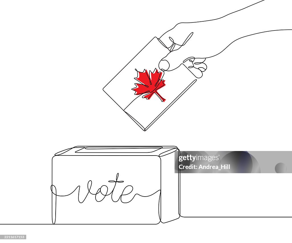 Concepto de votación. Mano con Boleta con Hoja de Arce y Urna. Dibujo de líneas continuas con un trazo editable
