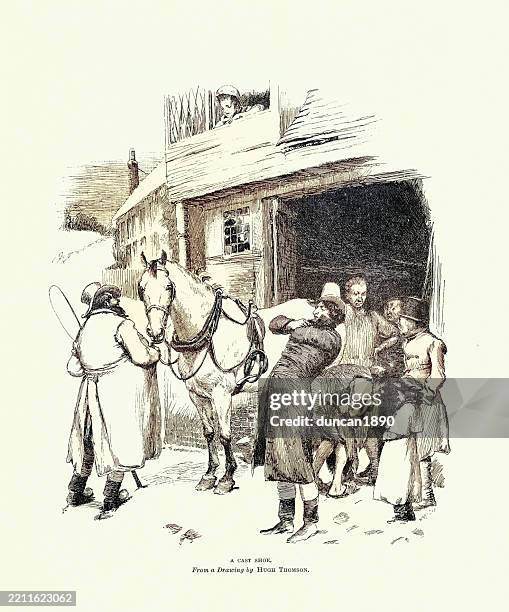 illustrations, cliparts, dessins animés et icônes de histoire ancien carrossage anglais, maréchal-ferrant mettant un nouveau fer à cheval sur un cheval de diligence qui a coulé un fer, 19ème siècle - maréchal ferrant