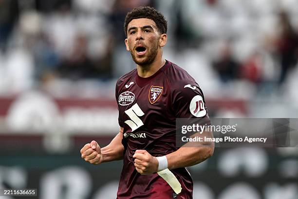 Che Adams of Torino celebrates his goal during the Serie A match between Torino and Udinese at Stadio Olimpico di Torino on April 23, 2025 in Turin,...