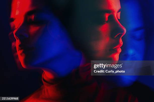 long exposure surreal woman portrait in neon light. - multiple exposure stock pictures, royalty-free photos & images