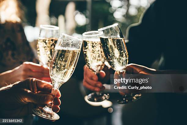 hands toasting champagne flutes during party. - brinde imagens e fotografias de stock