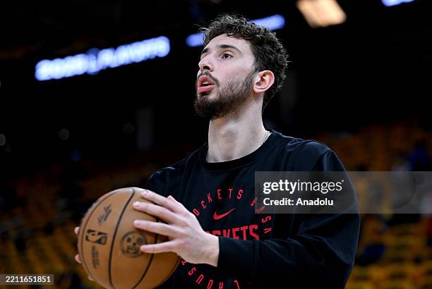 Alperen Sengun of Houston Rockets warms up before the NBA Playoffs