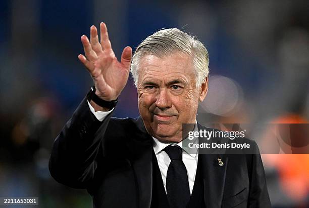 Carlo Ancelotti, Head Coach of Real Madrid, gestures during the LaLiga match between Getafe CF and Real Madrid CF at Coliseum Alfonso Perez on April...
